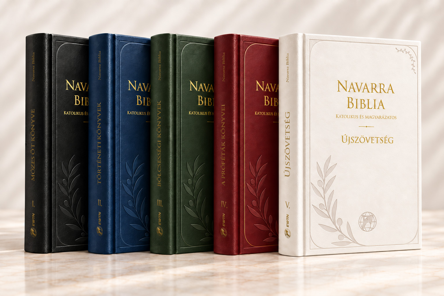 A Navarra Biblia tervezett ötkötetes sorozata fekete, kék, zöld, bordó és fehér kötésben